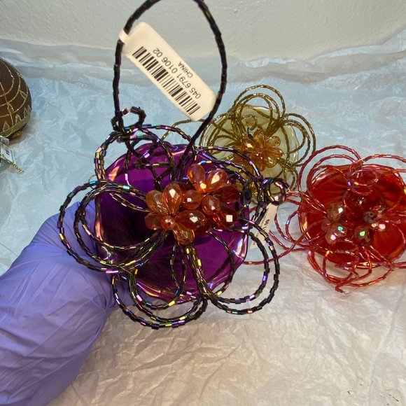 Christmas Ornaments Glass Lily W Beaded Color Purple Red Gold Set of 3 NWT - Picture 7 of 14